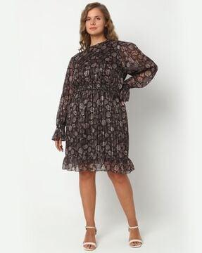 women printed a-line dress with frilled detail