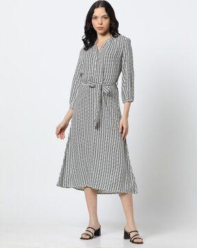 women printed a-line dress with tie-up belt