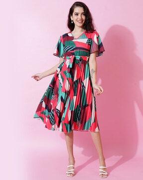women printed a-line dress with waist tie-up