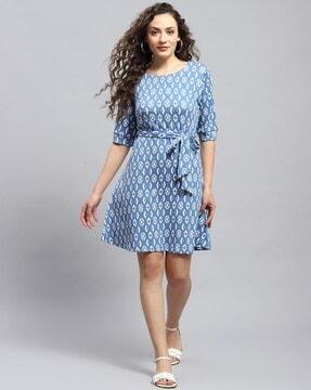 women printed a-line dress with waist tie-up