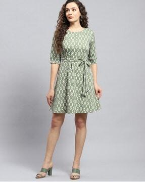 women printed a-line dress with waist tie-up