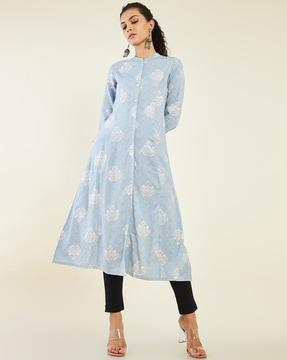 women printed a-line kurta with front-slit