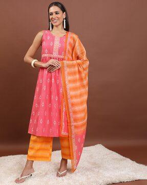 women printed a-line kurta with palazzos & dupatta