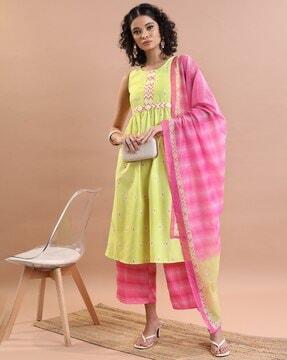 women printed a-line kurta with palazzos & dupatta