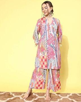 women printed a-line kurta with palazzos