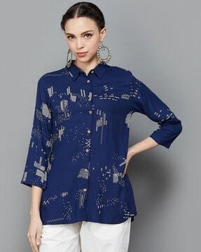 women printed a-line tunic with spread-collar
