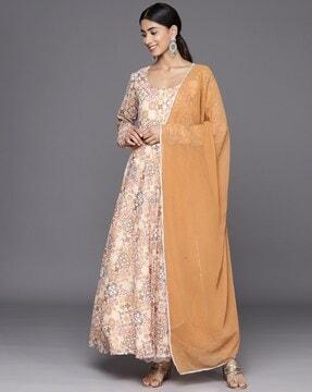 women printed anarkali kurta with dupatta