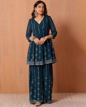 women printed angrakha kurta & pants set