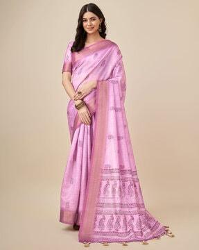 women printed bamboo silk saree with tassels