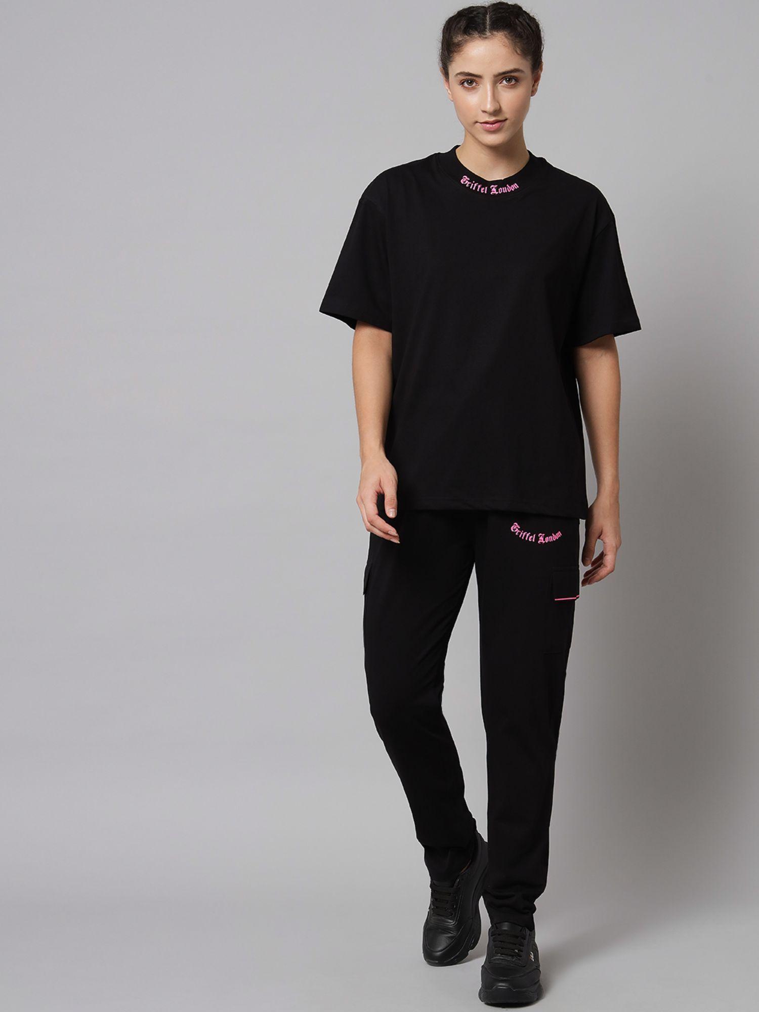 women printed black oversized loose fit t-shirt and trackpant (set of 2)