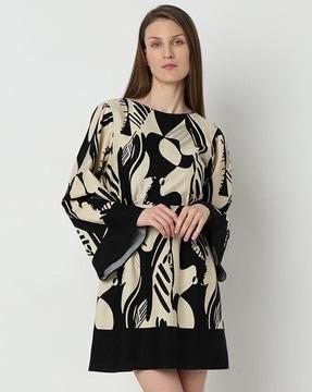 women printed boat-neck shift dress