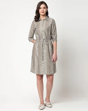 women printed button-down tunic with drawstring waist