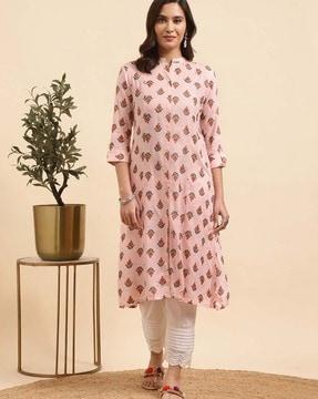 women printed calf length a line kurti with front button placket with pant