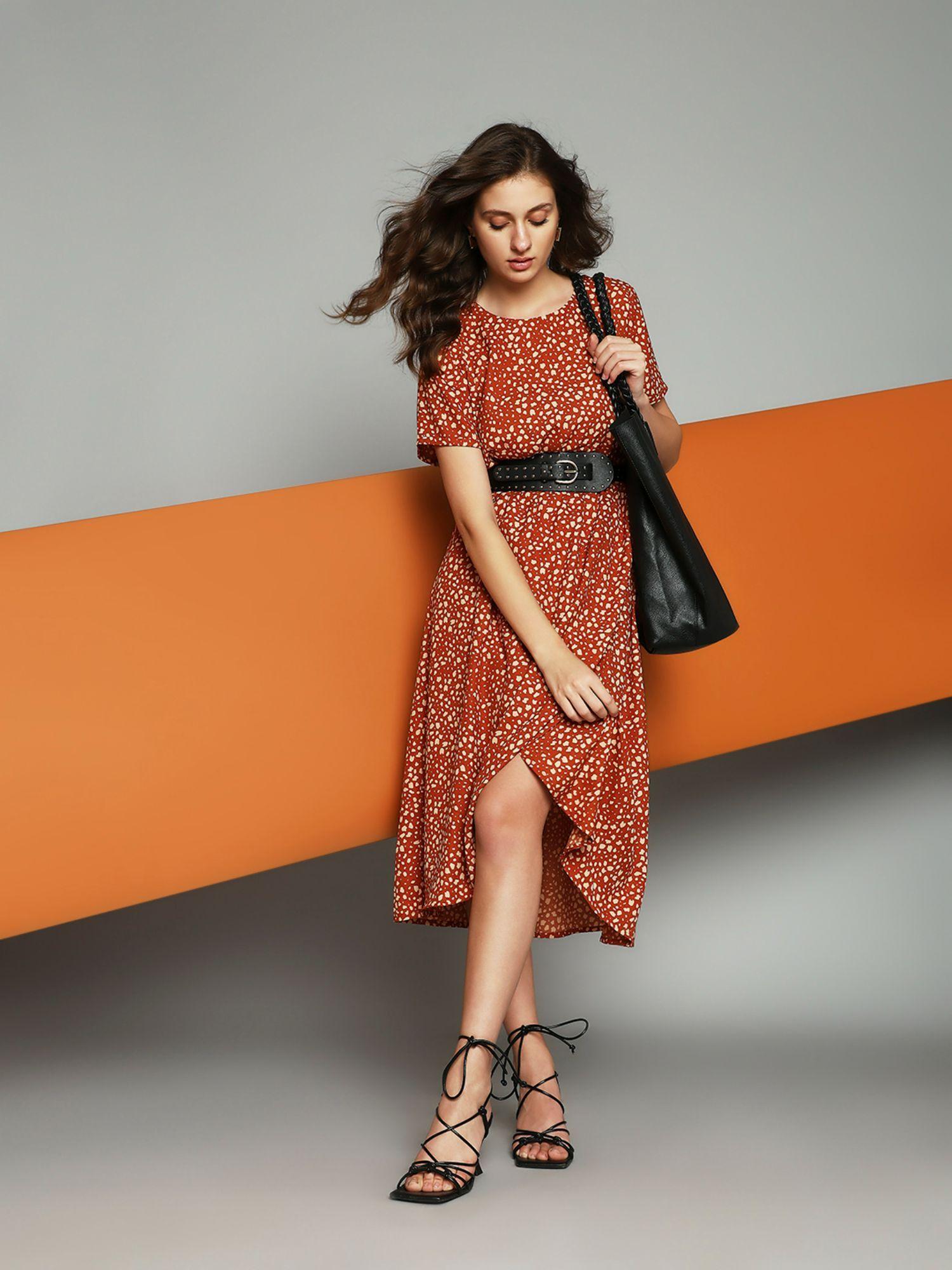 women printed casual orange dress