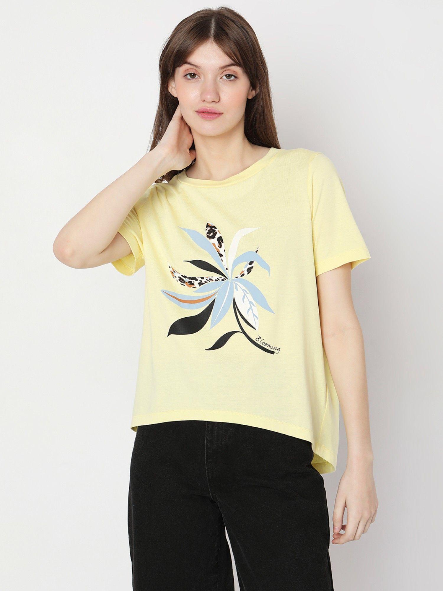 women printed casual wear yellow t-shirt