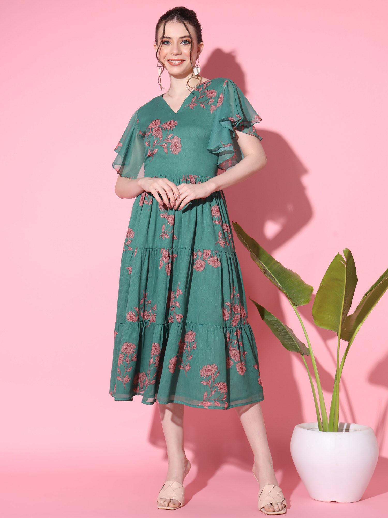 women printed chiffon green stitched dress