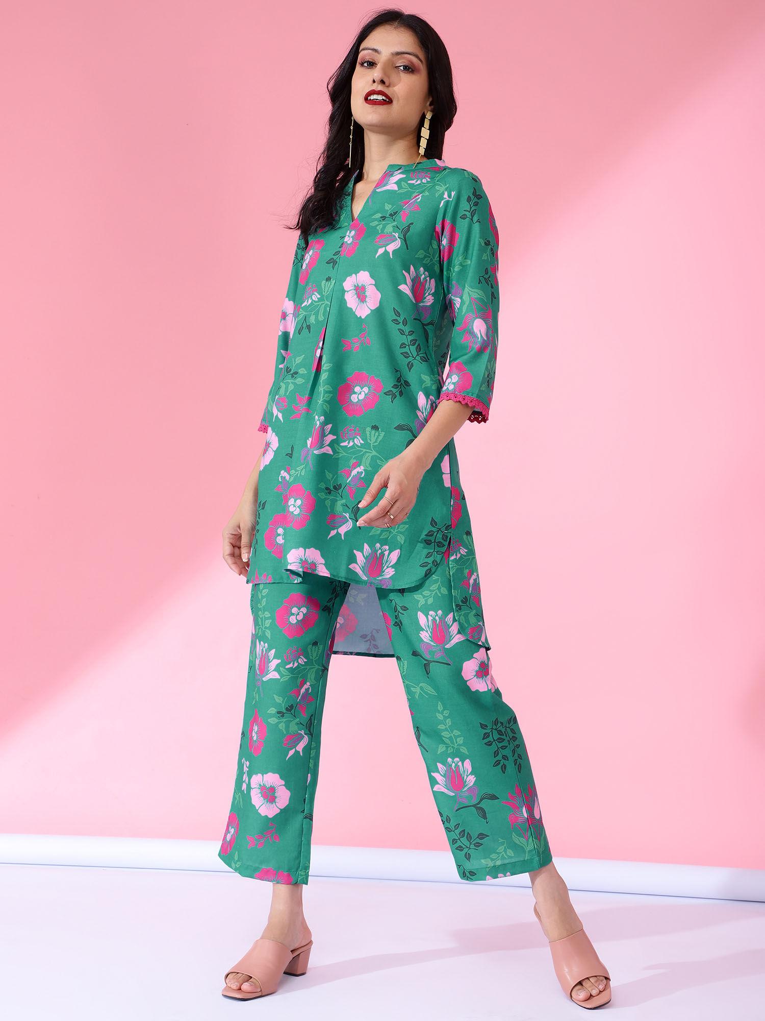 women printed co-ord green (set of 2)