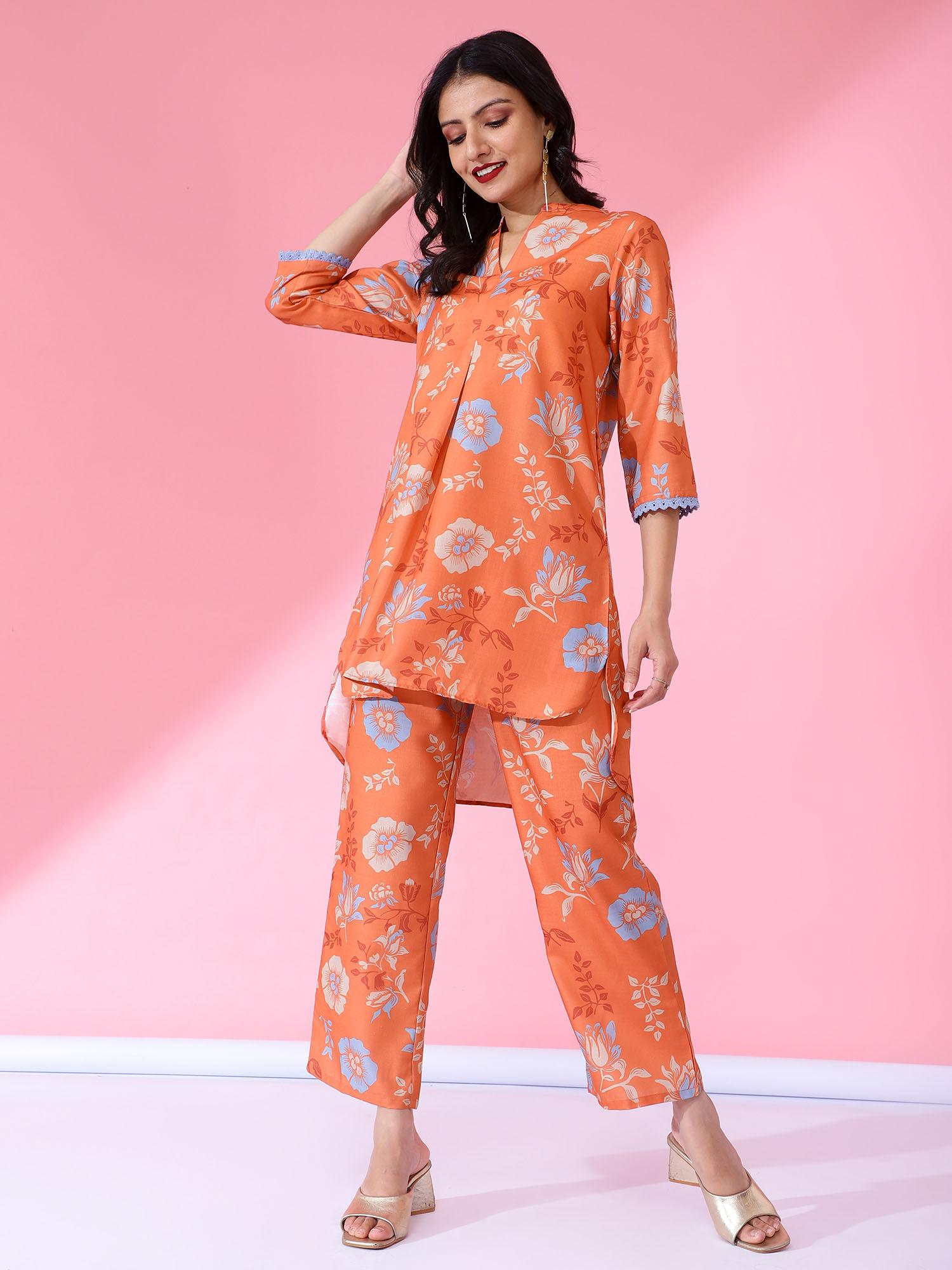 women printed co-ord orange (set of 2)