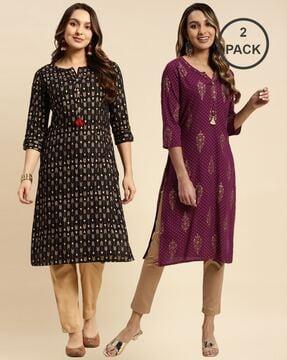 women printed contrast placket calf length straight kurti (pack of 2)