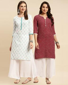 women printed contrast placket knee length straight kurti (pack of 2)