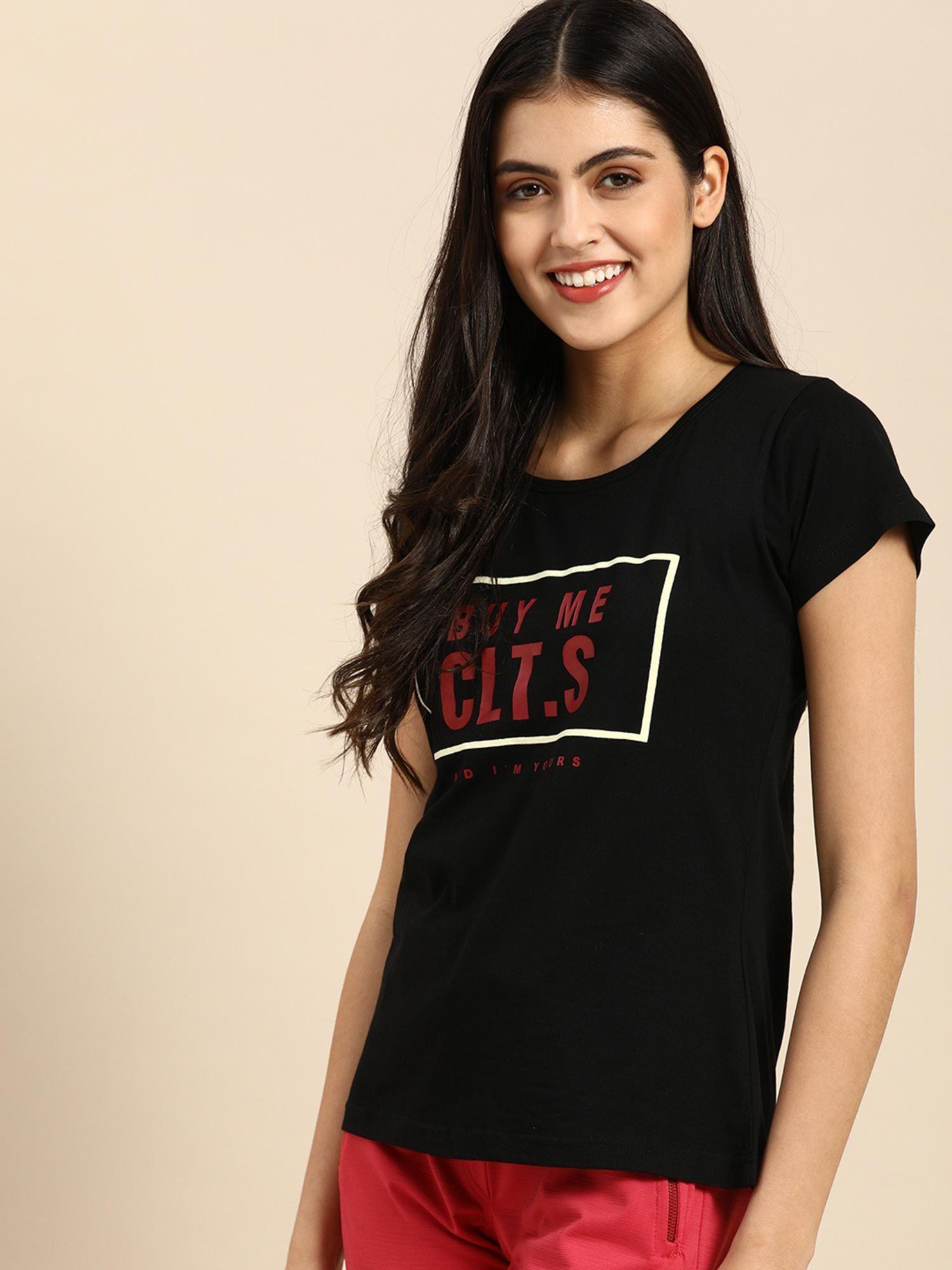 women printed cotton boyfriend t-shirt - black