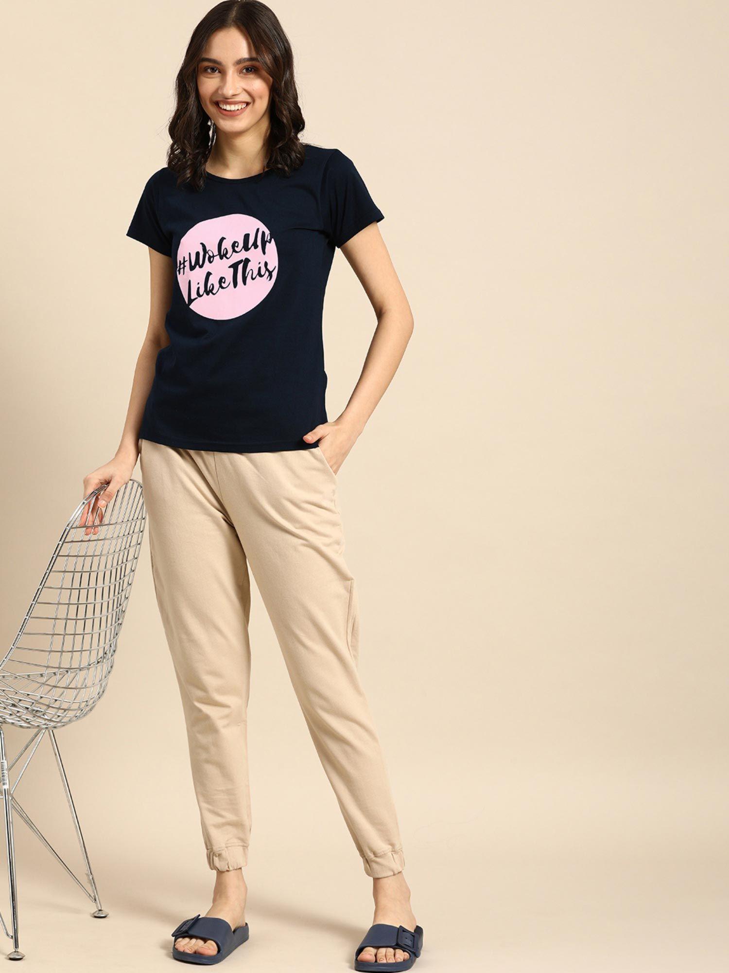 women printed cotton boyfriend t-shirt - navy blue