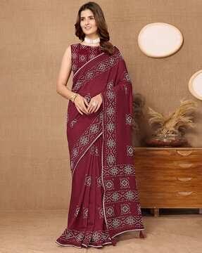 women printed cotton saree with tassels