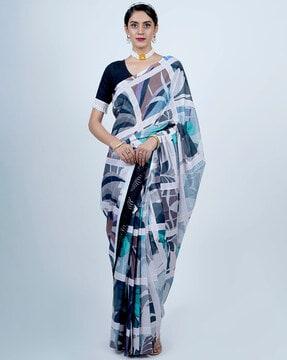 women printed cotton saree with tassels