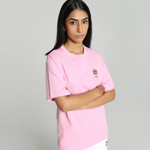 women printed crew neck cotton blend pink t-shirt