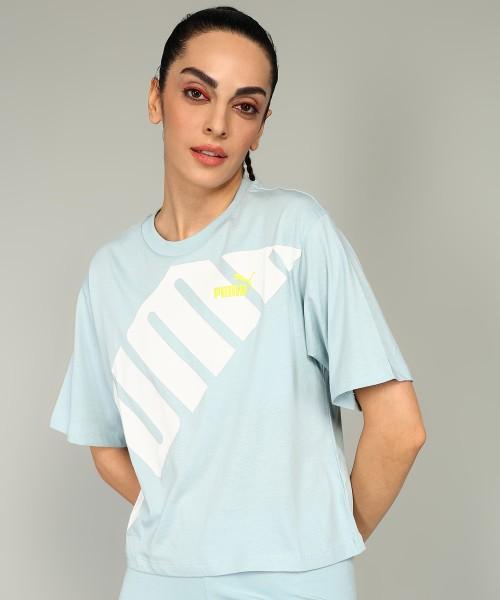 women printed crew neck pure cotton blue t-shirt