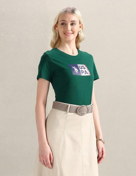 women printed crew neck pure cotton green t-shirt