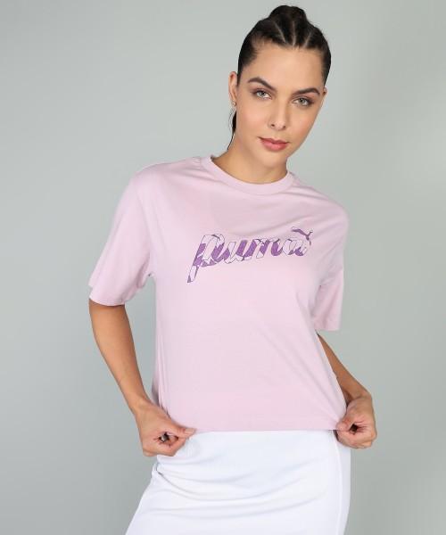 women printed crew neck pure cotton purple t-shirt