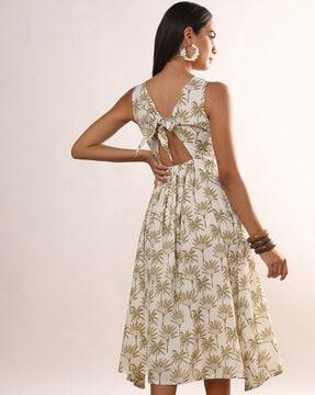 women printed fit & flare dress with back tie-up detail