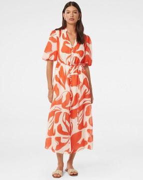 women printed fit & flare dress with belt
