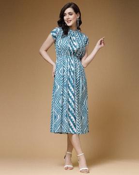 women printed fit & flare dress with cape sleeves