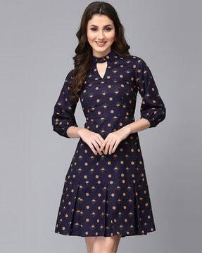 women printed fit & flare dress with key-hole neck