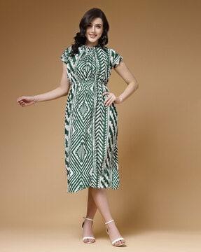 women printed fit & flare dress with puff cape sleeves