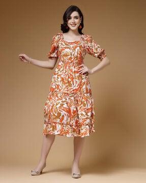 women printed fit & flare dress with puff sleeves