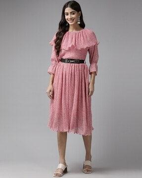 women printed fit & flare dress with waist belt