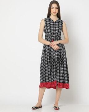women printed fit & flare dress with waist tie-up