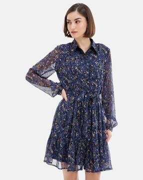 women printed fit & flare dress with waist tie-up