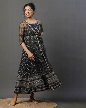 women printed flared dress with shrug