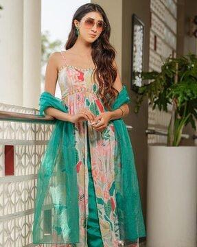 women printed flared kurta set with dupatta