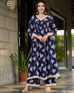 women printed flared kurta set