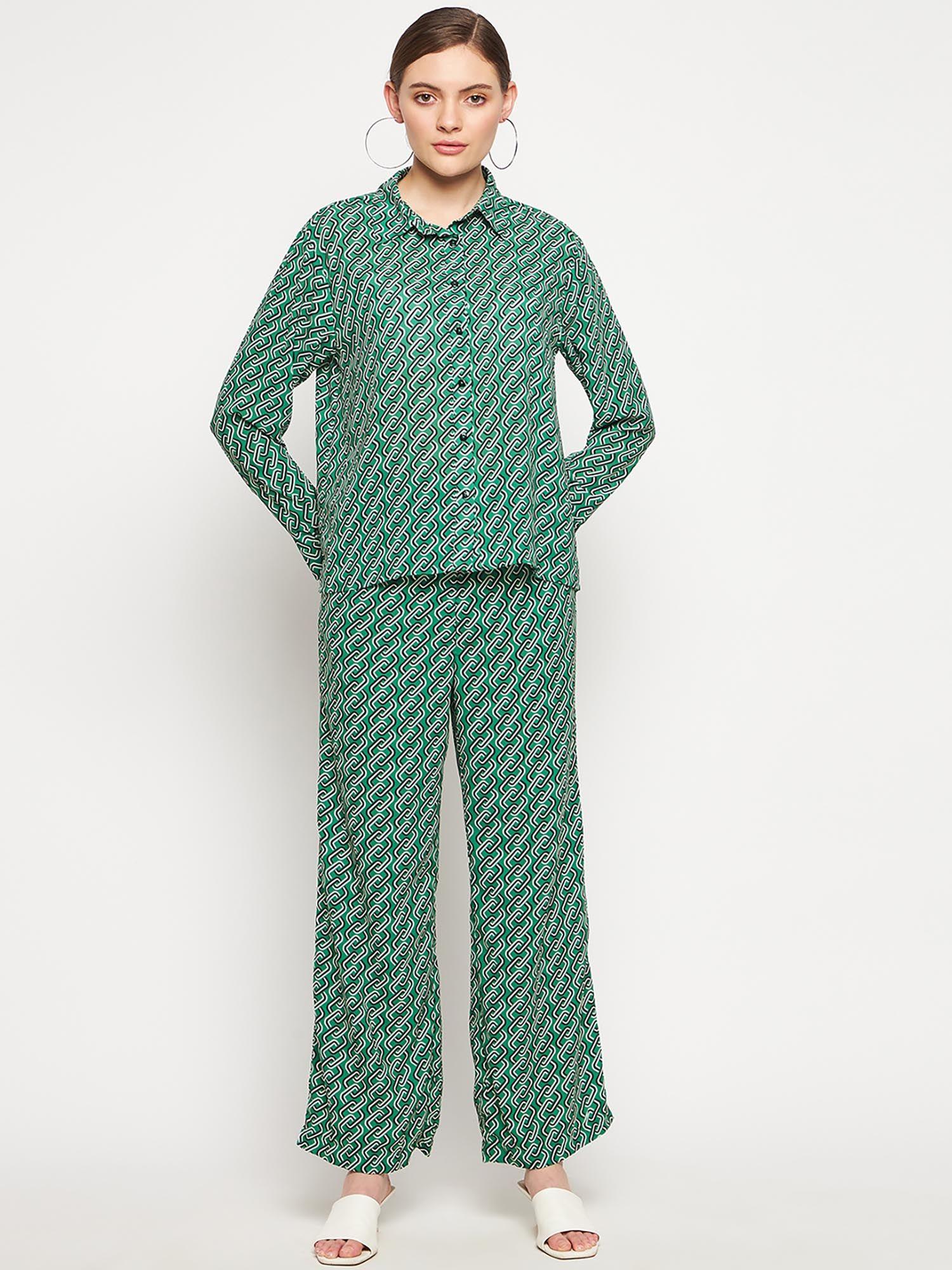 women printed forest green pant