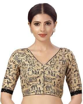 women printed front open blouse