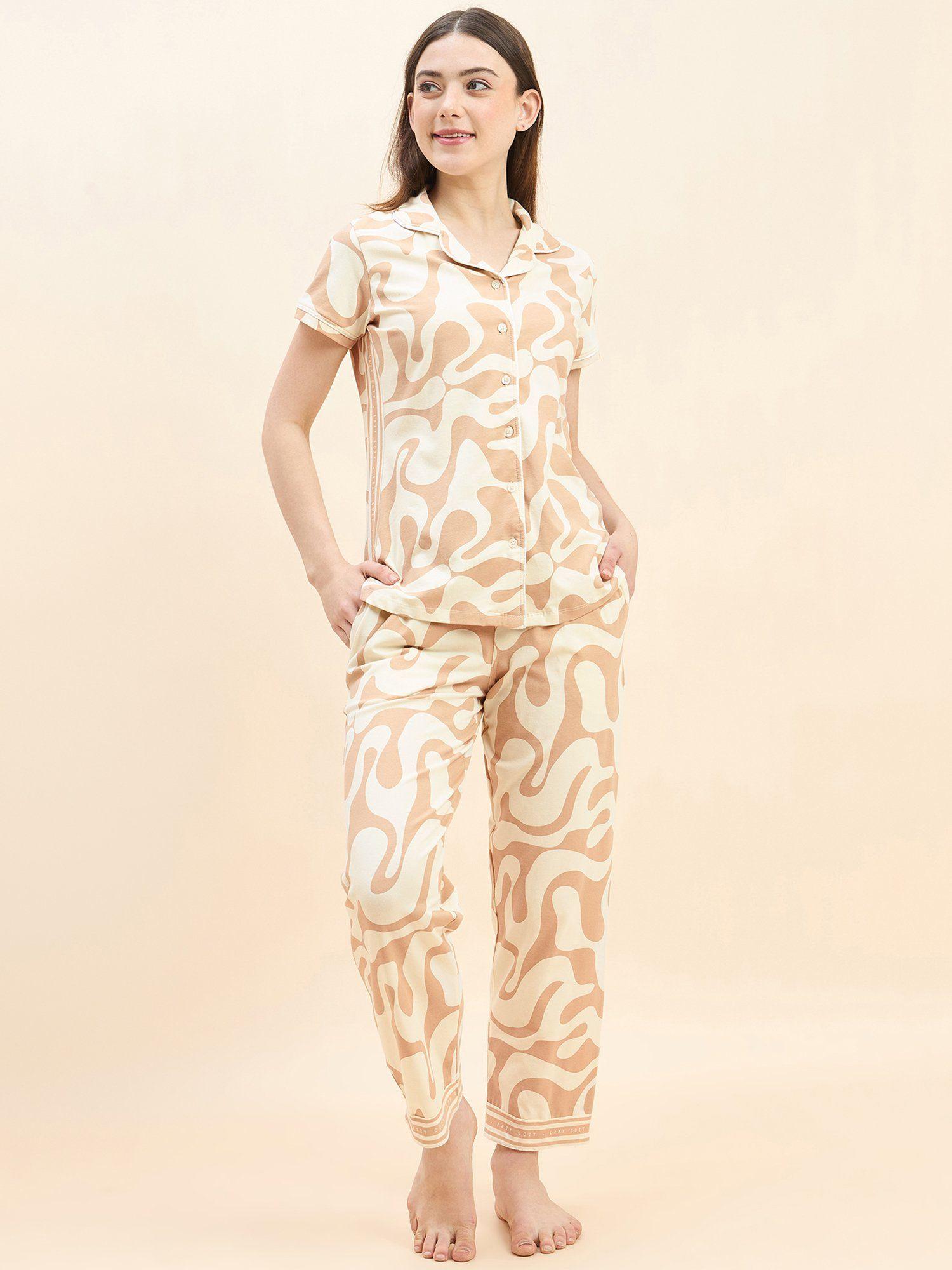 women printed front open shirt and pyjama ( set of 2)