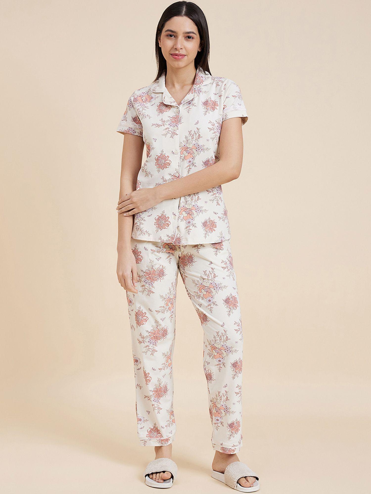 women printed front open shirt with pyjama (set of 2)