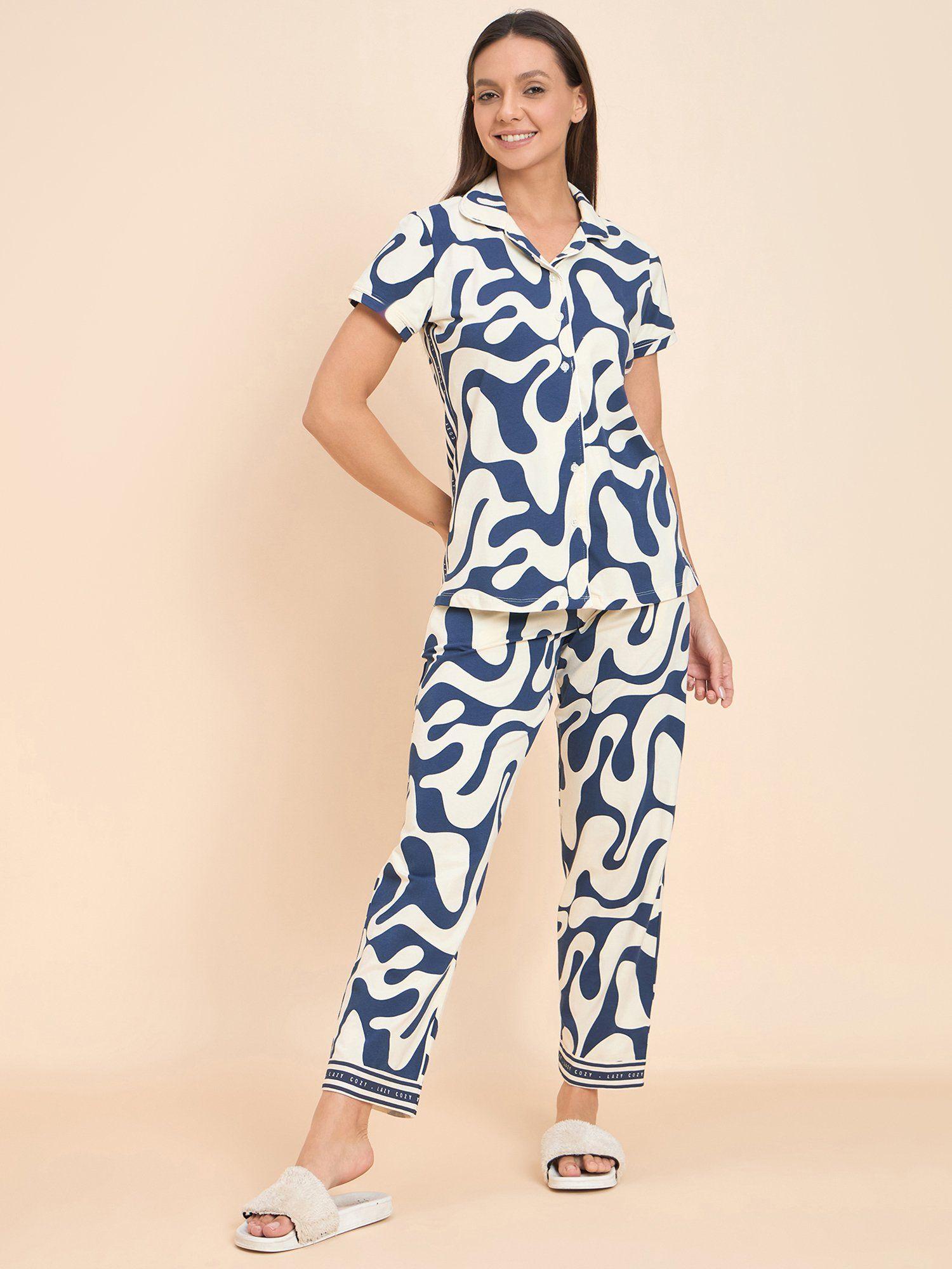 women printed front open t-shirt and pyjama ( set of 2)
