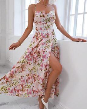 women printed front-slit maxi a-line dress